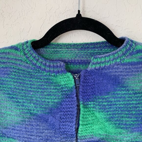 Y2K Retro Cropped Cardigan Sweater Women S* Green Blue Stripe Zip Funky Eclectic - Picture 3 of 7